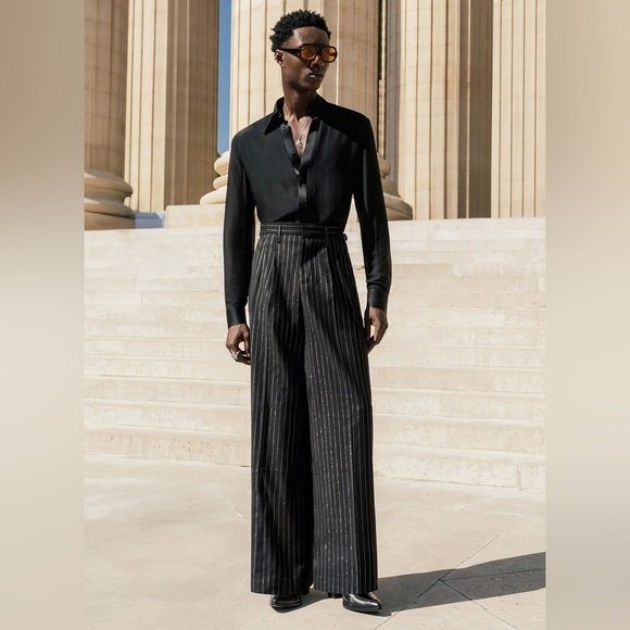 NWT P.H.I.X. Black Linen Pin Stripe Side Buckle Trousers